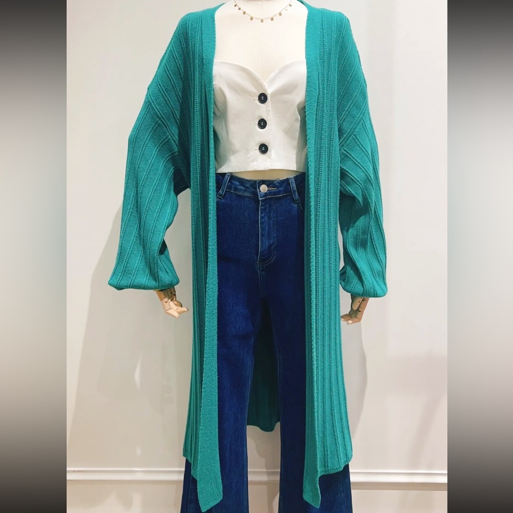 ShopEvelynne Teal Open-Front Ribbed Long Cardigan